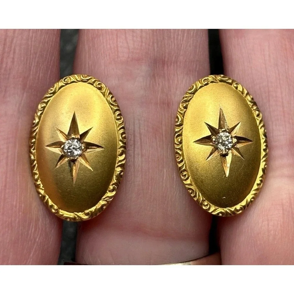 VTG Victorian 14K Solid Yellow Gold Genuine Diamond Star Starburst Cufflinks